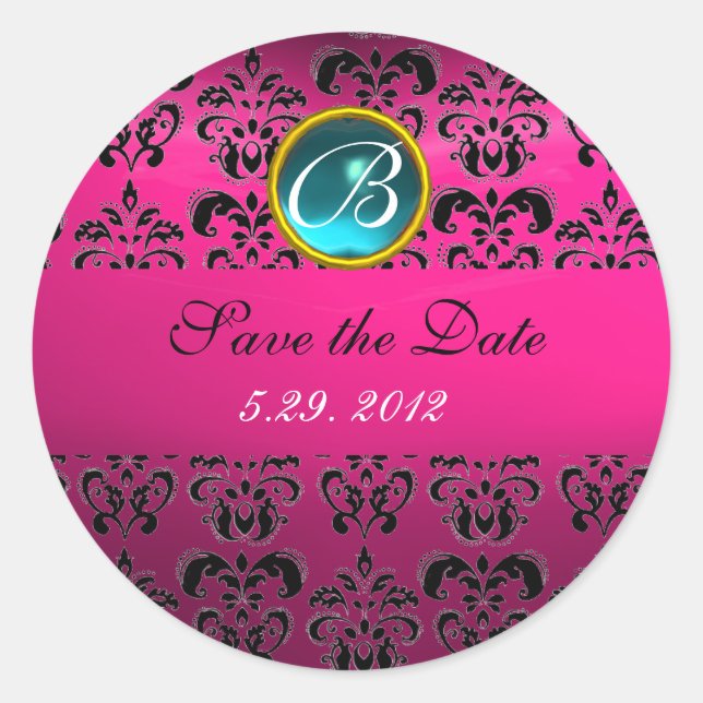 PINK BLACK DAMASK MONOGRAM , blue turquase,fuchsia Classic Round Sticker (Front)