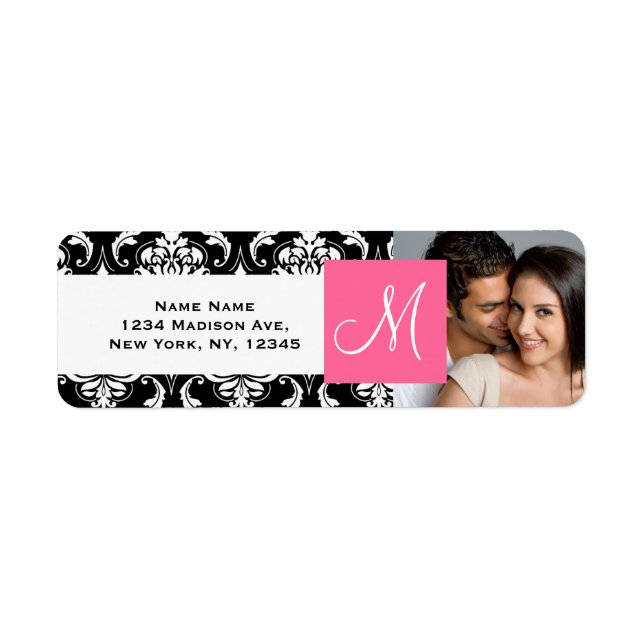 Pink Black Damask Monogram Engagement Photo (Front)