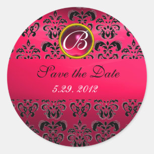 PINK BLACK DAMASK MONOGRAM ,red ruby ,fuchsia Classic Round Sticker