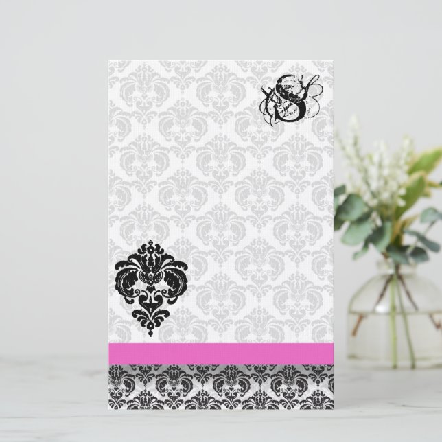 Pink & Black Damask Monogram Stationery (Standing Front)