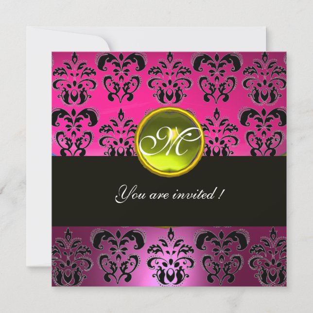 PINK BLACK DAMASK MONOGRAM, yellow topaz Invitation (Front)