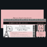 Pink Black Damask Paris Birthday Boarding Pass Invitation<br><div class="desc">A Damask Pink and Black Paris France Boarding Pass for a Birthday Celebration. Damask Designs with Eiffel Tower. If the colour scheme is not what you wanted please email paula@labellarue.com BEFORE ordering so a new design can be created for you. Please make sure you proof your design before submitting your...</div>
