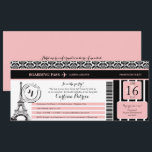 Pink Black Damask Paris Birthday Boarding Pass Invitation<br><div class="desc">A Damask Pink and Black Paris France Boarding Pass for a Birthday Celebration. Damask Designs with Eiffel Tower. If the colour scheme is not what you wanted please email paula@labellarue.com BEFORE ordering so a new design can be created for you. Please make sure you proof your design before submitting your...</div>