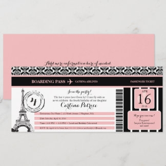 Pink Black Damask Paris Birthday Boarding Pass Invitation