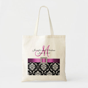Pink, Black Damask Personalized Wedding Tote Bag