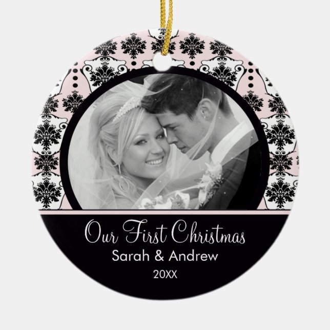 Pink & Black Damask Photo First Christmas Ornament (Front)