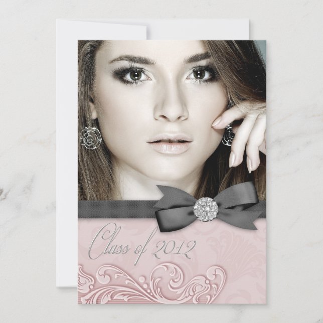 Pink Black Damask Photo Graduation Announcements (Front)