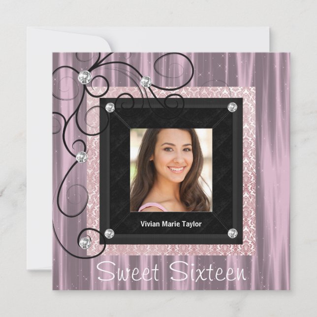 Pink Black Damask Photo Sweet 16 Party Invitation (Front)