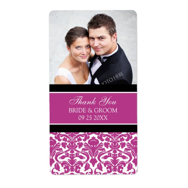 Pink Black Damask Photo Wedding Labels (Front)