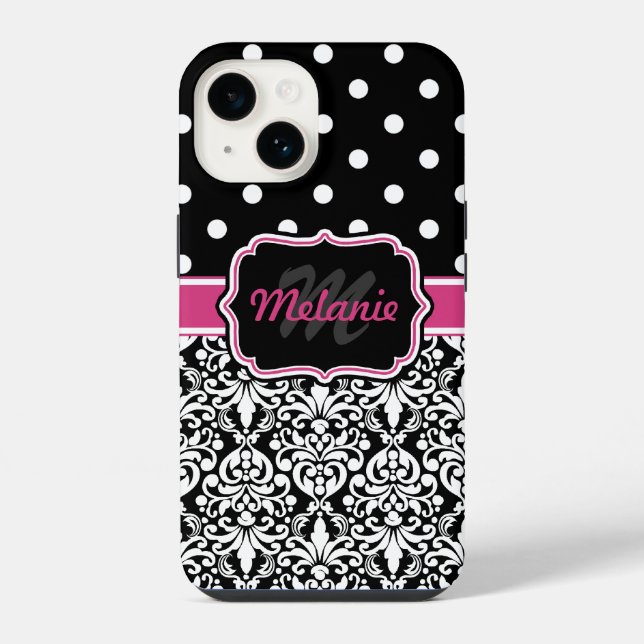 Pink Black Damask Polka Dots Pattern Monogram iPhone Case (Back)