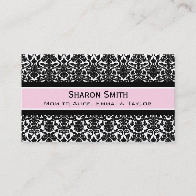 Pink Black Damask Retro Mom Calling Cards (Front)