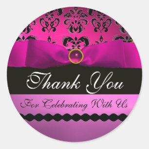 PINK BLACK DAMASK RIBBON MONOGRAM Purple Violet Classic Round Sticker