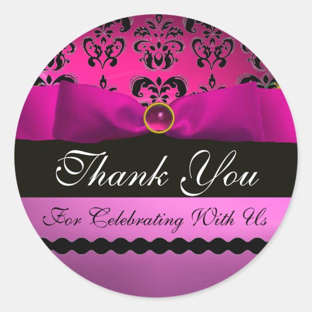 PINK BLACK DAMASK RIBBON MONOGRAM Purple Violet Classic Round Sticker (Front)