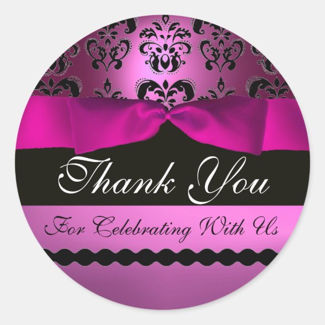 PINK BLACK DAMASK RIBBON MONOGRAM Purple Violet Classic Round Sticker (Front)
