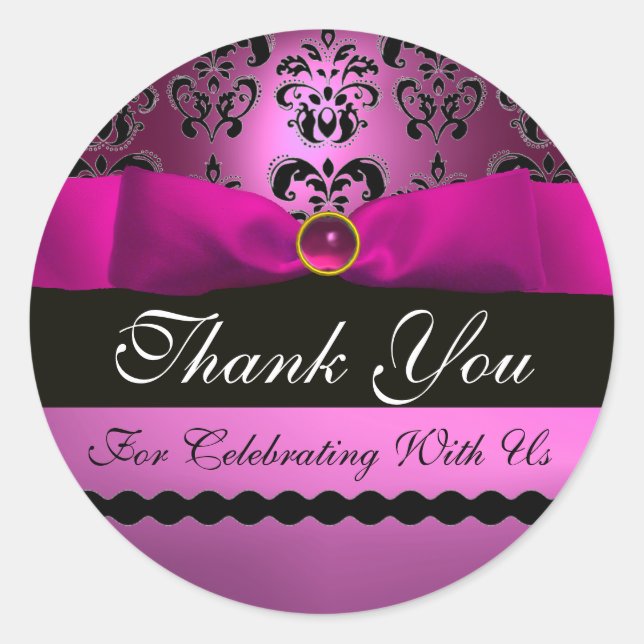 PINK BLACK DAMASK RIBBON MONOGRAM Purple Violet Classic Round Sticker (Front)