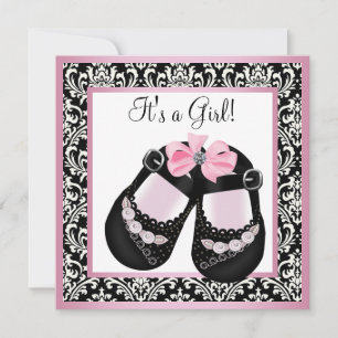 Pink Black Damask Shoes Baby Girl Shower Invitation