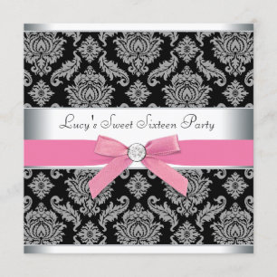 Pink Black Damask Sweet 16 Birthday Party Invitation