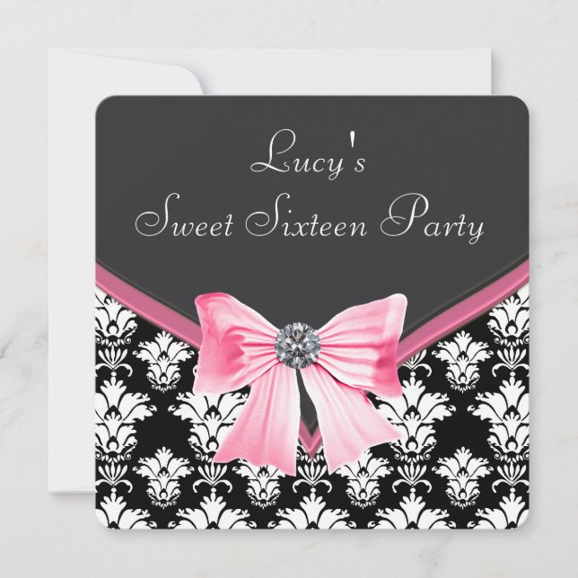 Pink Black Damask Sweet 16 Party Invitation (Front)