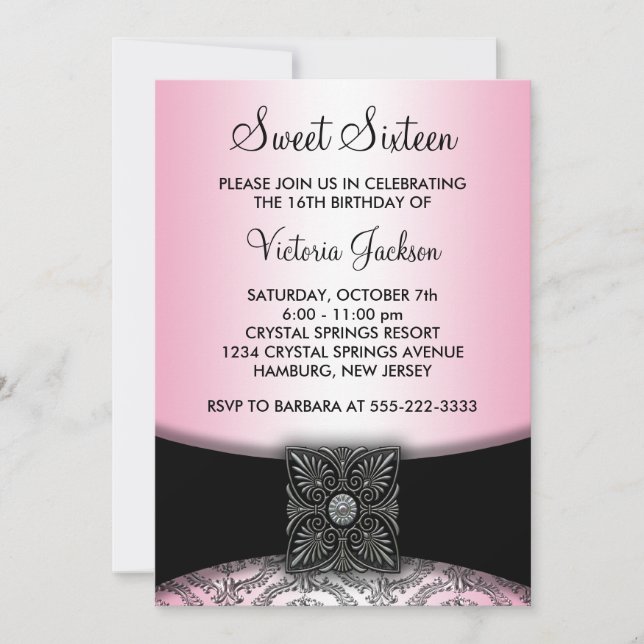 Pink Black Damask Sweet Sixteen Party Invitation (Front)