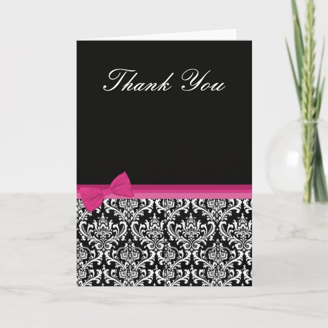 Pink & Black Damask Thank You Card (Front)