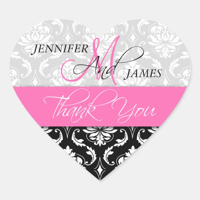 Pink, Black Damask Wedding Favour Heart Sticker (Front)