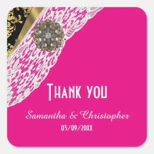 Pink black damask white lace thank you square sticker