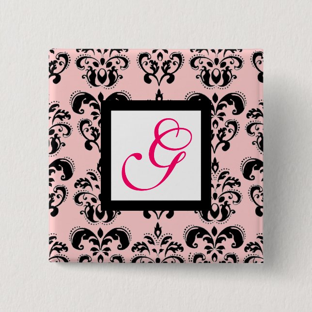 PINK BLACK DAMASK WHITE SQUARE MONOGRAM Fuchsia 2 Inch Square Button (Front)