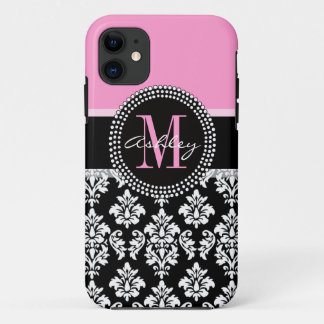 PINK, BLACK DAMASK, YOUR MONOGRAM ,YOUR NAME iPhone 11 CASE