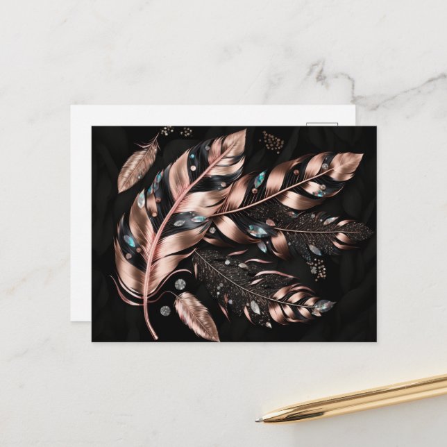 Pink & Black Decorative Feathers with Crystals Postcard (Front/Back In Situ)
