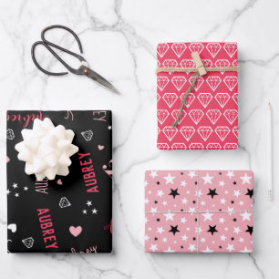 Pink Black Diamonds Hearts Stars Add Name Wrapping Paper Sheet
