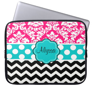 Pink Black Dot Damask Chevron Personalized Laptop Sleeve