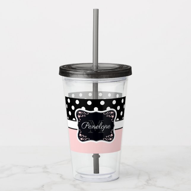 Pink & Black Dots Acrylic Tumbler (Front)