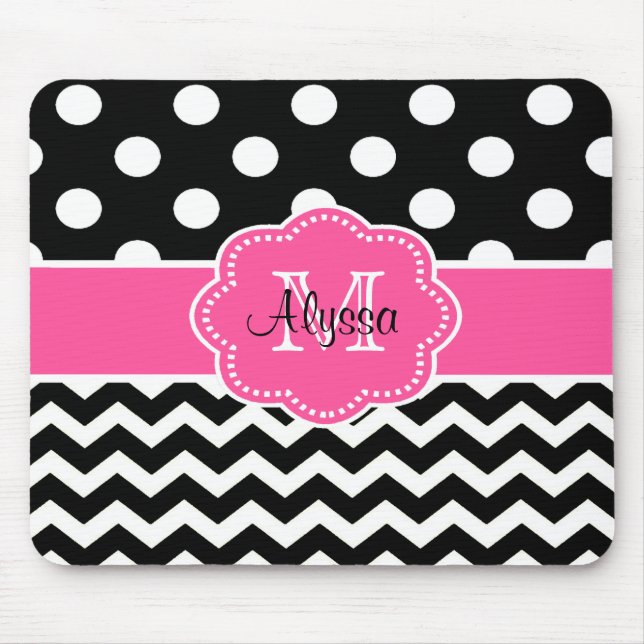 Pink Black Dots Chevron Personalized Mousepad (Front)