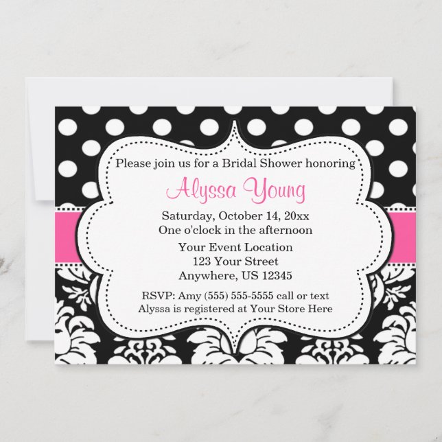 Pink Black Dots Damask Invitation (Front)