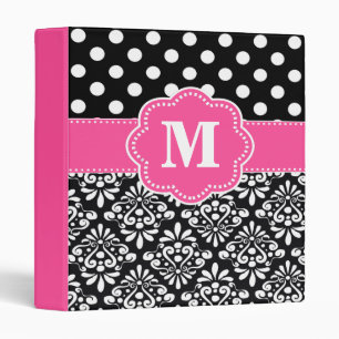 Pink Black Dots Damask Monogram Binder