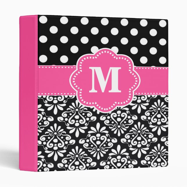 Pink Black Dots Damask Monogram Binder (Front/Spine)