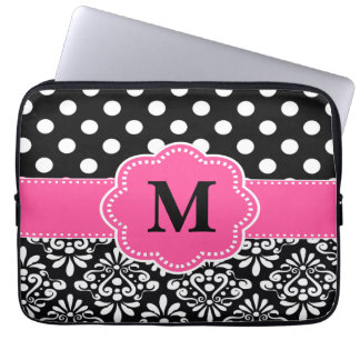 Pink Black Dots Damask Monogram Laptop Sleeve