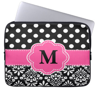 Pink Black Dots Damask Monogram Laptop Sleeve