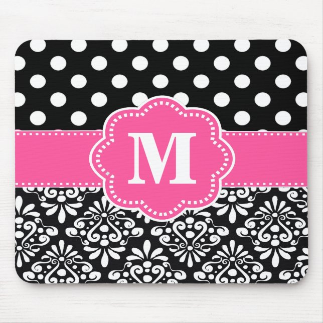 Pink Black Dots Damask Monogram Mouse Pad. Mouse Pad (Front)
