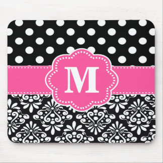 Pink Black Dots Damask Monogram Mouse Pad. Pad