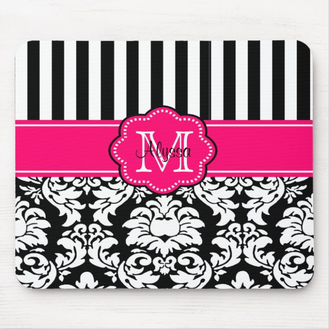 Pink Black Dots Damask Personalized Mousepad (Front)