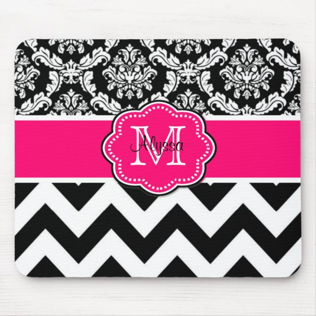 Pink Black Dots Damask Personalized Mousepad (Front)