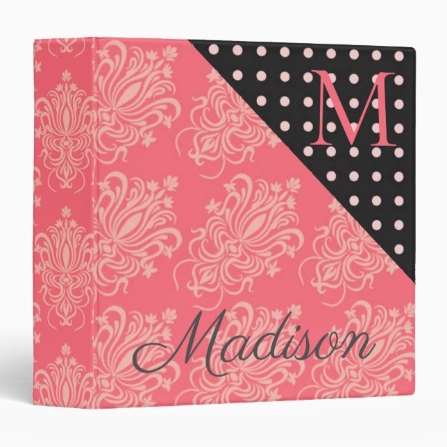 Pink Black Dots Damask Trendy Monogram Initial Binder (Front/Spine)