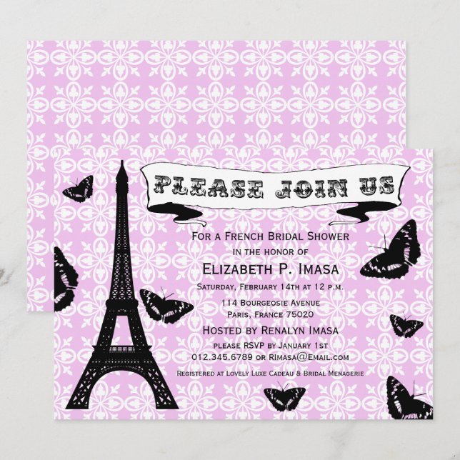 Pink & Black Eiffel Tower Bridal Shower Invites (Front/Back)