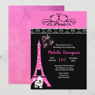 Pink Black Eiffel Tower Paris France  Birthday   Invitation