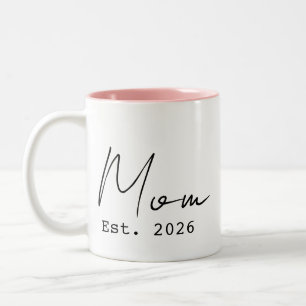 Pink Black Elegant Script New Mom Est. 2026 Two-Tone Coffee Mug