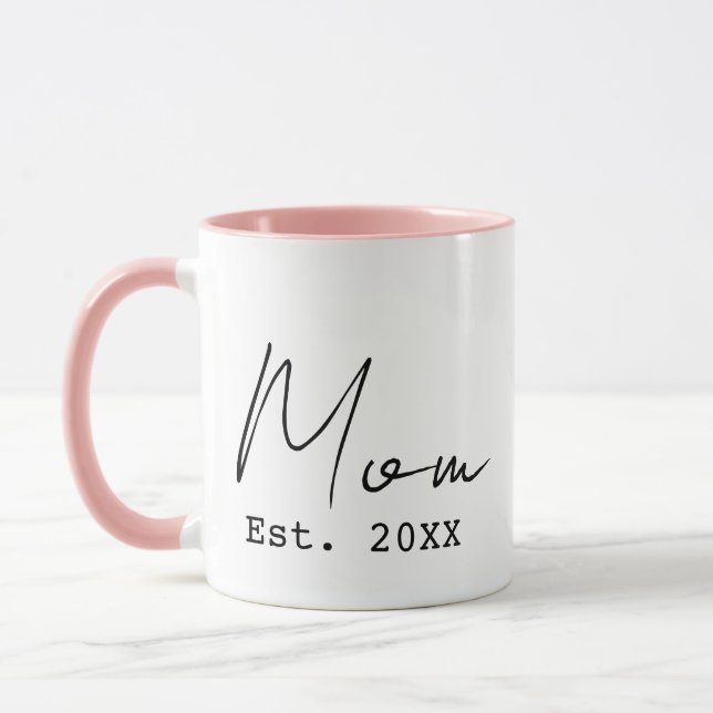 Pink Black Elegant Script New Mom Established Year Mug (Left)