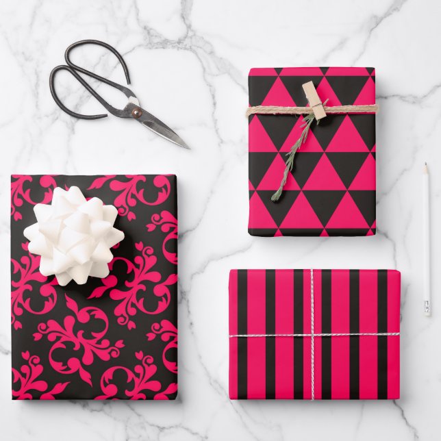 Pink Black Fancy Geometric Wrapping Paper Set (Front)