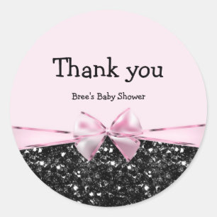 Pink & Black Faux Glitter Look Bow Chic Glam Classic Round Sticker