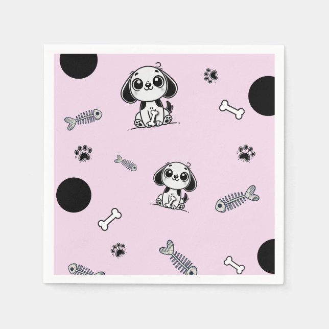 Pink & Black Fish Bones Puppy Dog Birthday Party  Napkin (Front)
